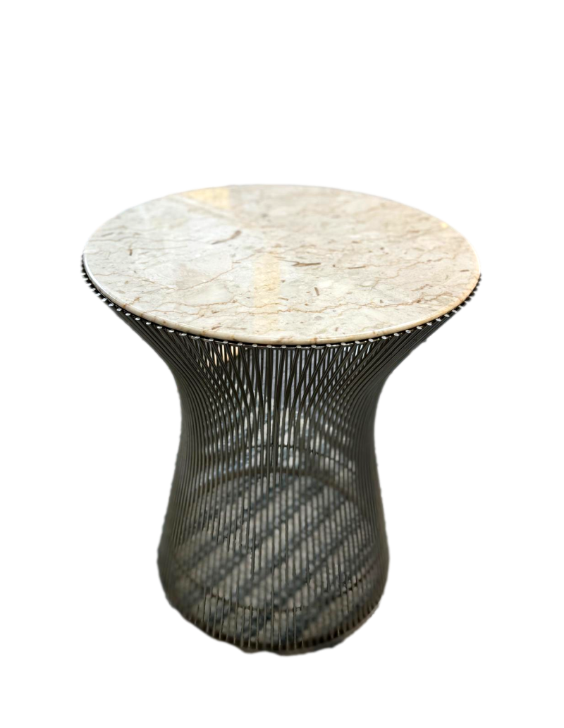 Knoll& Waren PLATNER, Pair of steel side tables, beige veined white marble top