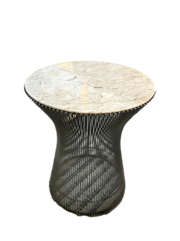 Knoll& Waren PLATNER, Pair of steel side tables, beige veined white marble top