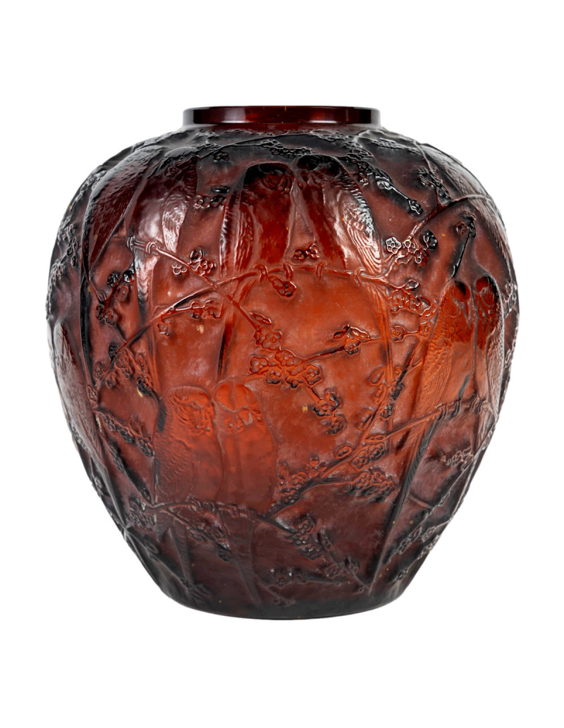 René Lalique - “Parakeets” Vase Amber Tinted